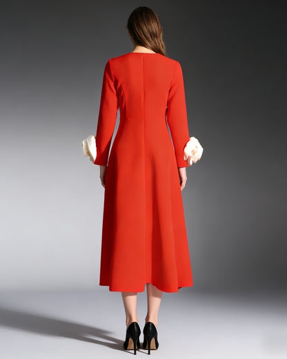Red Midi Dress with Cream Bow Cuffs