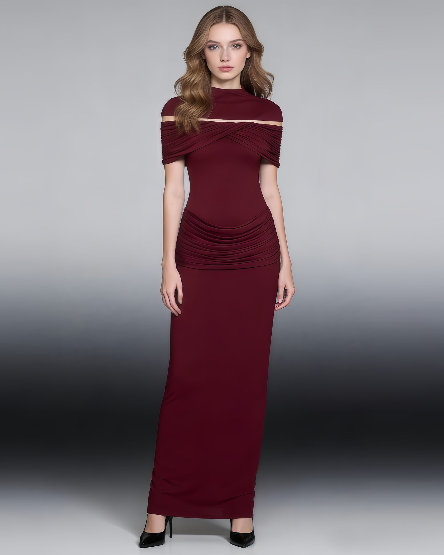 Red Off-Shoulder Ruched Bodycon Maxi Dress