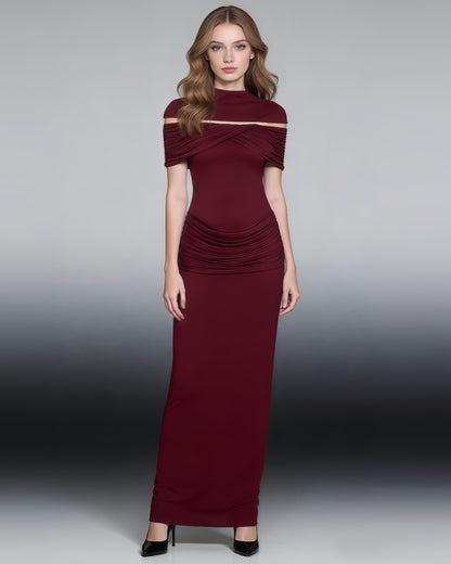 Red Off-Shoulder Ruched Bodycon Maxi Dress