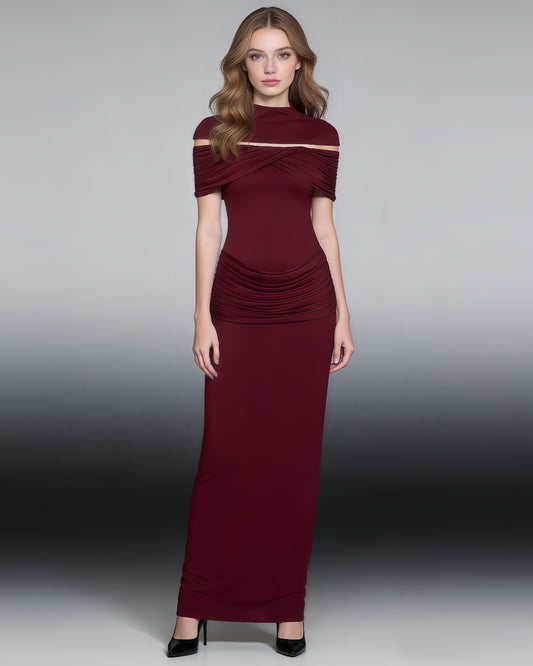 Red Off-Shoulder Ruched Bodycon Maxi Dress