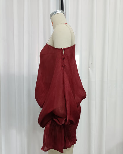 Red One Shoulder Bubble Sleeve Ruched Mini Dress
