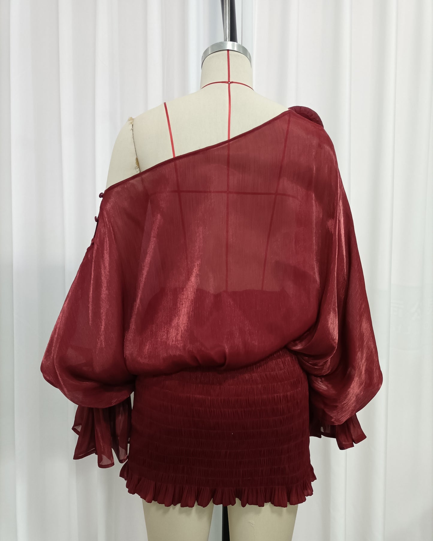 Red One Shoulder Bubble Sleeve Ruched Mini Dress