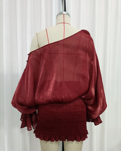 Red One Shoulder Bubble Sleeve Ruched Mini Dress