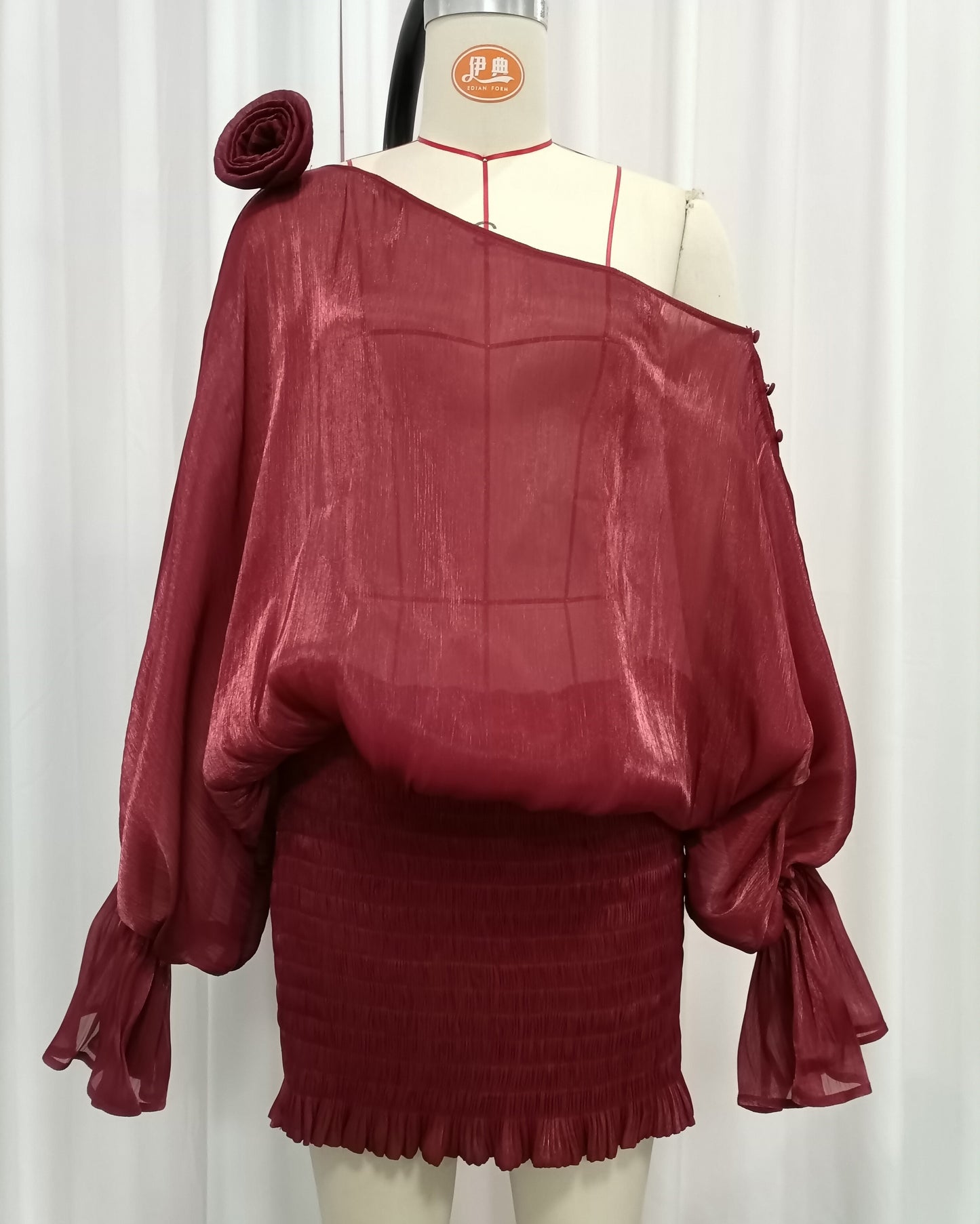Red One Shoulder Bubble Sleeve Ruched Mini Dress