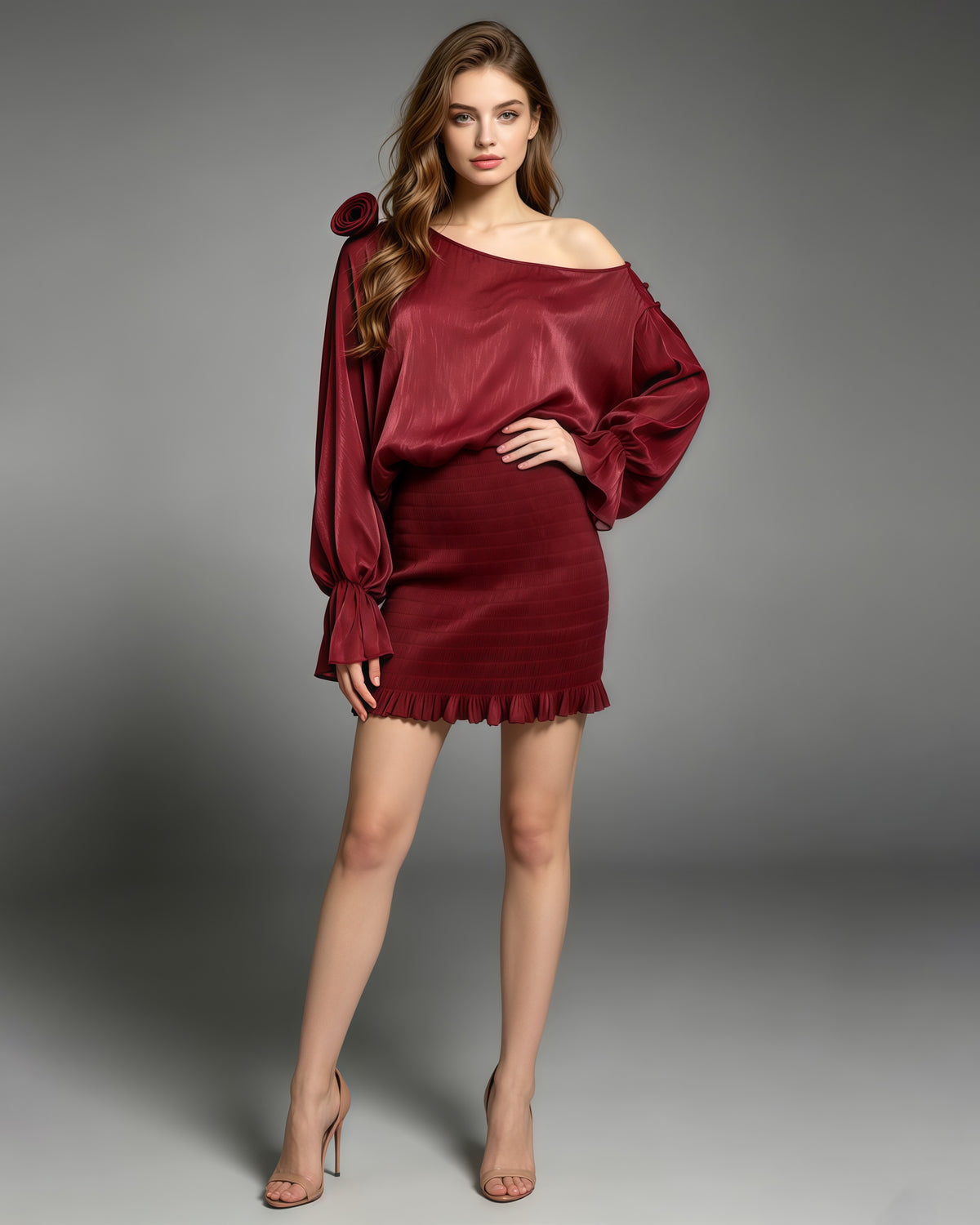Red One Shoulder Bubble Sleeve Ruched Mini Dress