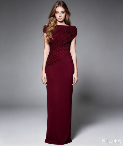 Red Pleated One-Shoulder Mermaid Evening Gown