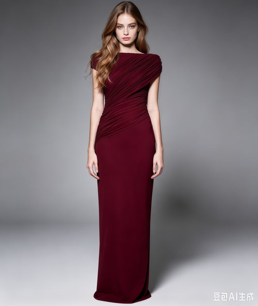 Red Pleated One-Shoulder Mermaid Evening Gown