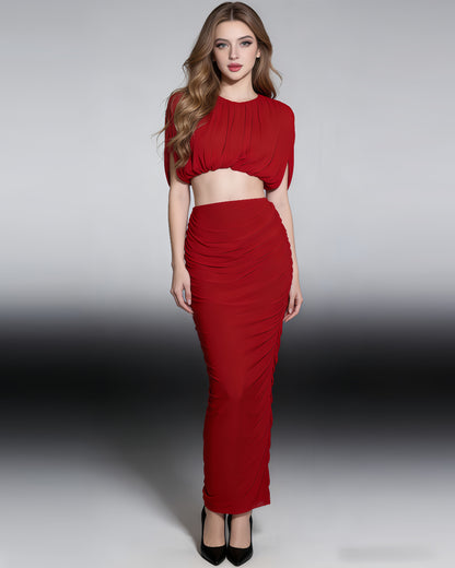 Red Puff Sleeve Ruched 2-Piece Set