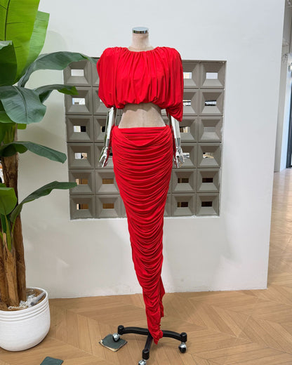 Red Puff Sleeve Ruched 2-Piece Set