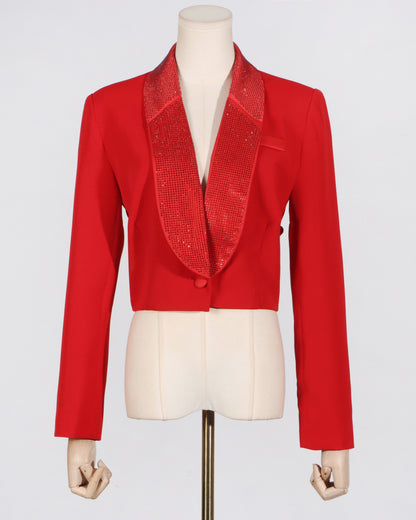 Red Rhinestone Lapel Cropped Blazer