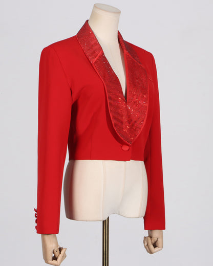 Red Rhinestone Lapel Cropped Blazer