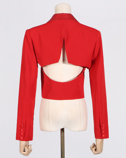 Red Rhinestone Lapel Cropped Blazer