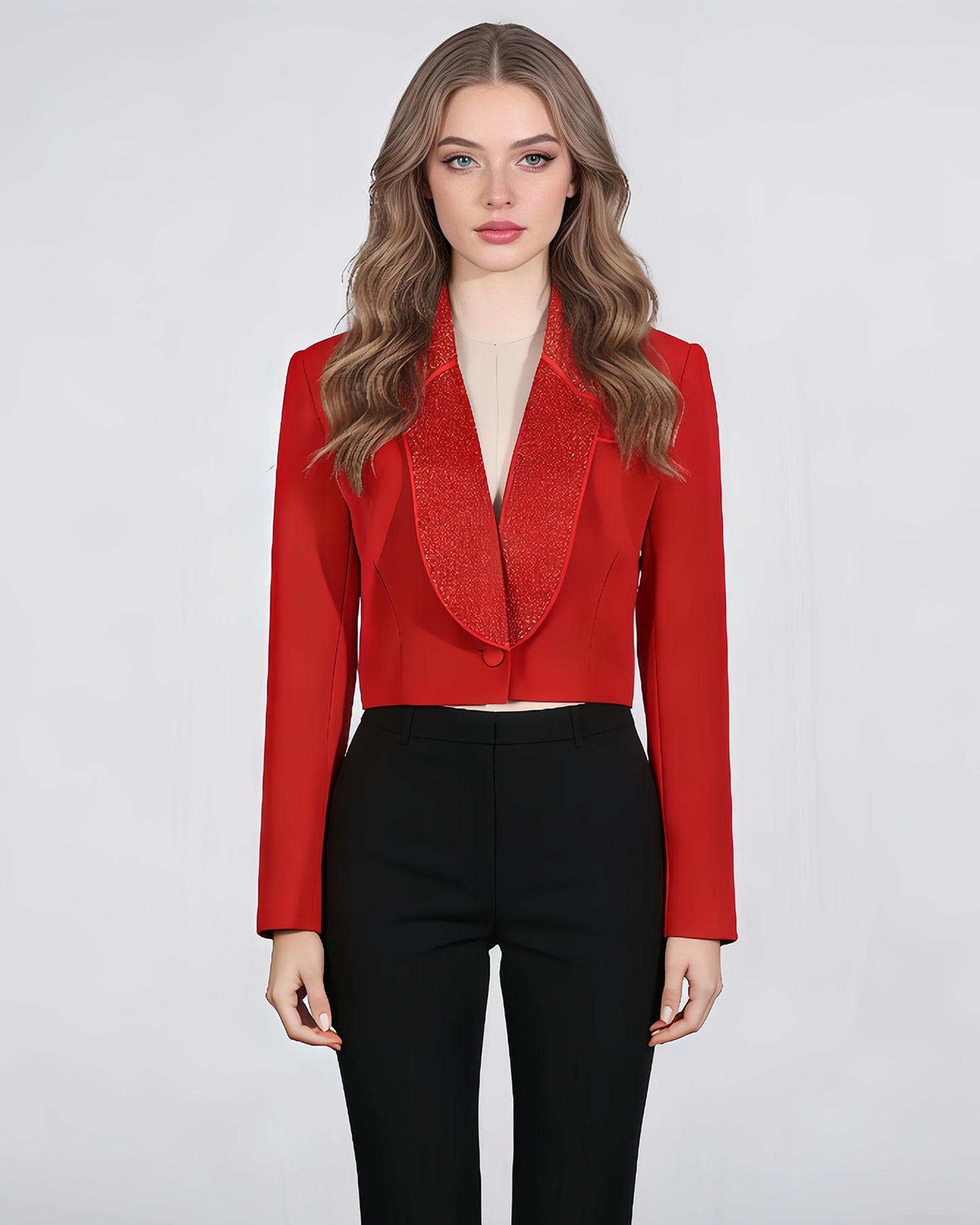 Red Rhinestone Lapel Cropped Blazer