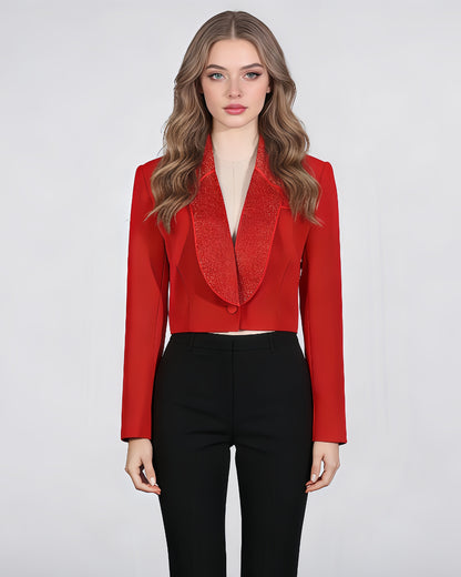 Red Rhinestone Lapel Cropped Blazer