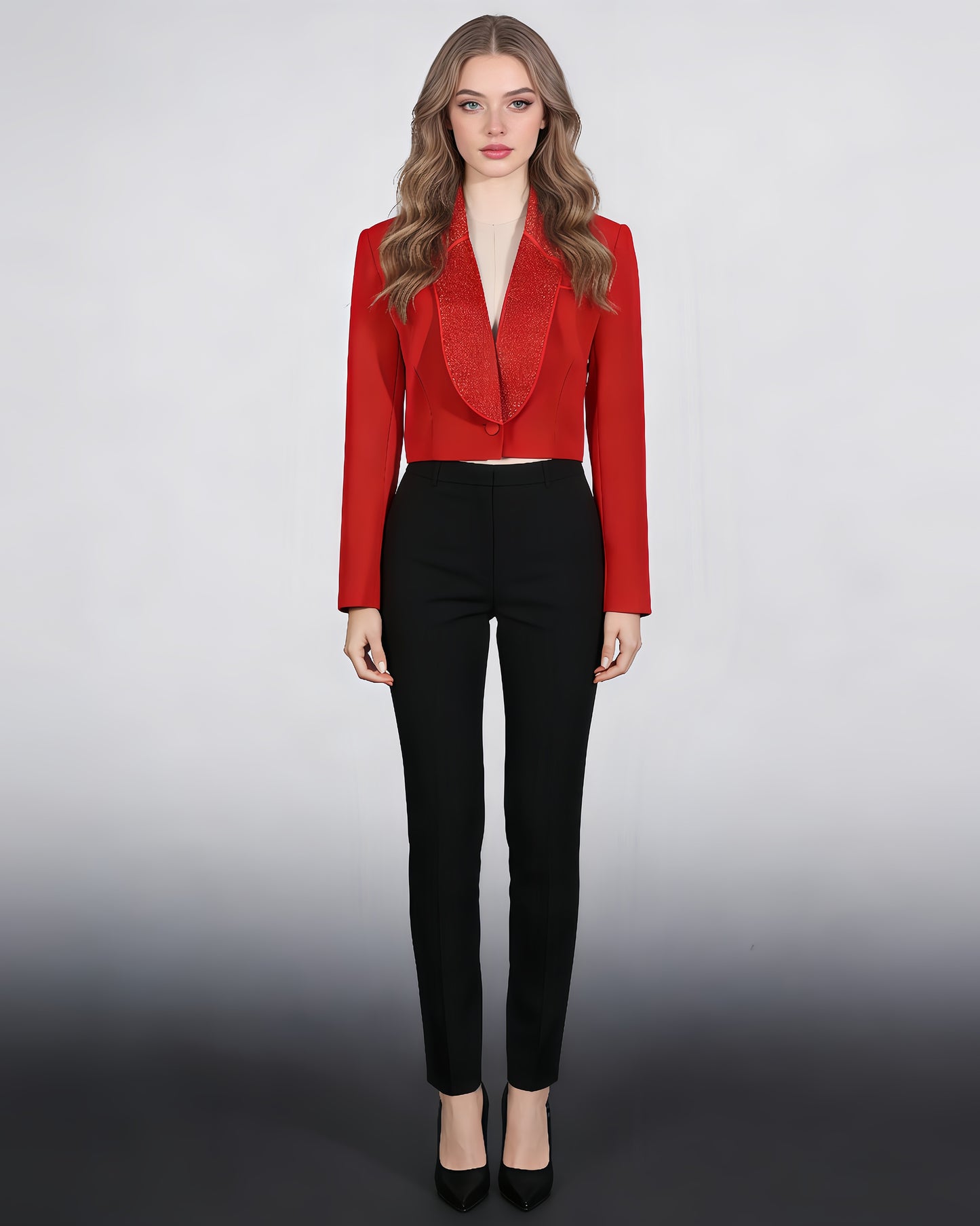 Red Rhinestone Lapel Cropped Blazer