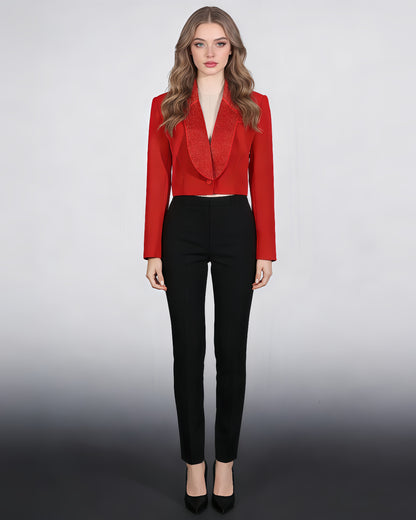 Red Rhinestone Lapel Cropped Blazer