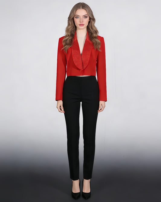 Red Rhinestone Lapel Cropped Blazer