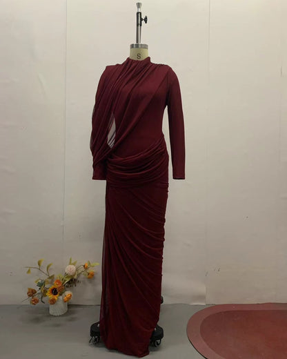 Red Ruched Long Sleeve Maxi Dress