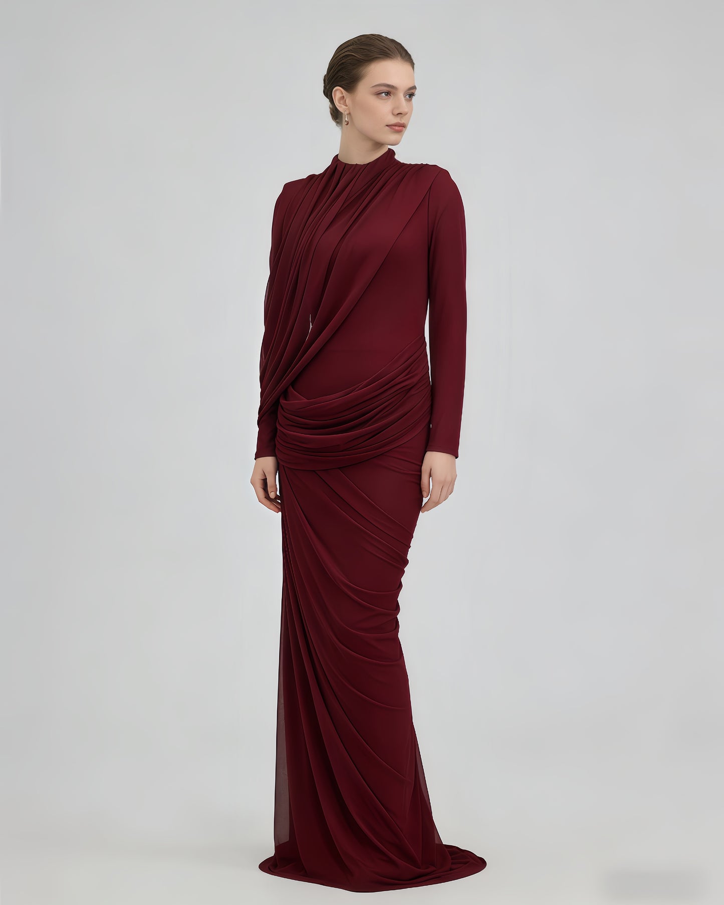 Red Ruched Long Sleeve Maxi Dress