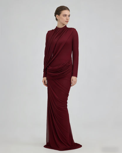 Red Ruched Long Sleeve Maxi Dress