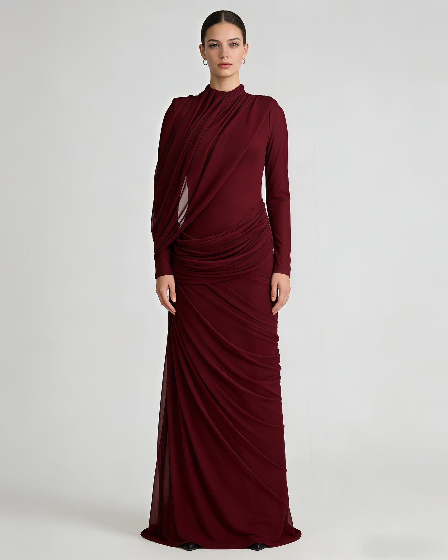 Red Ruched Long Sleeve Maxi Dress