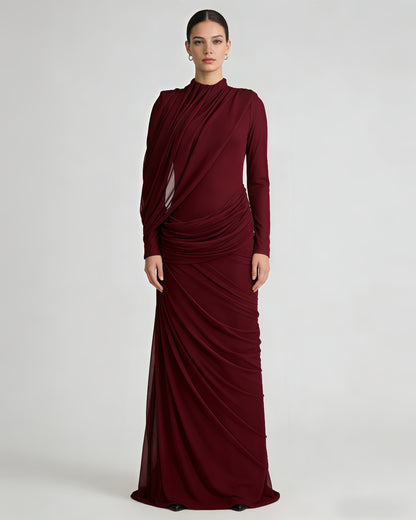 Red Ruched Long Sleeve Maxi Dress