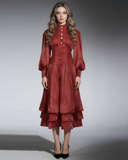 Red Ruched Waist Tiered Midi Dress