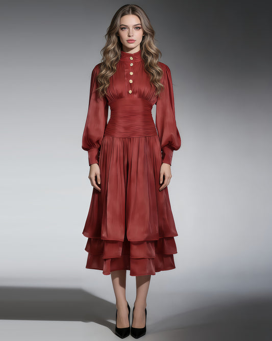 Red Ruched Waist Tiered Midi Dress