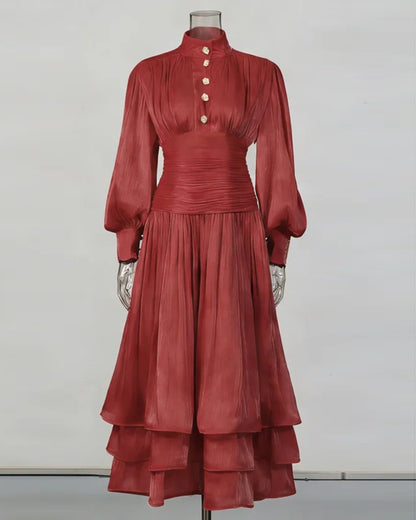 Red Ruched Waist Tiered Midi Dress