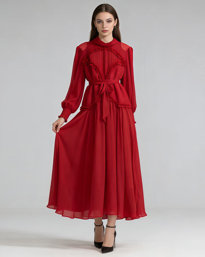 Red Ruffled Tie-Waist Maxi Dress