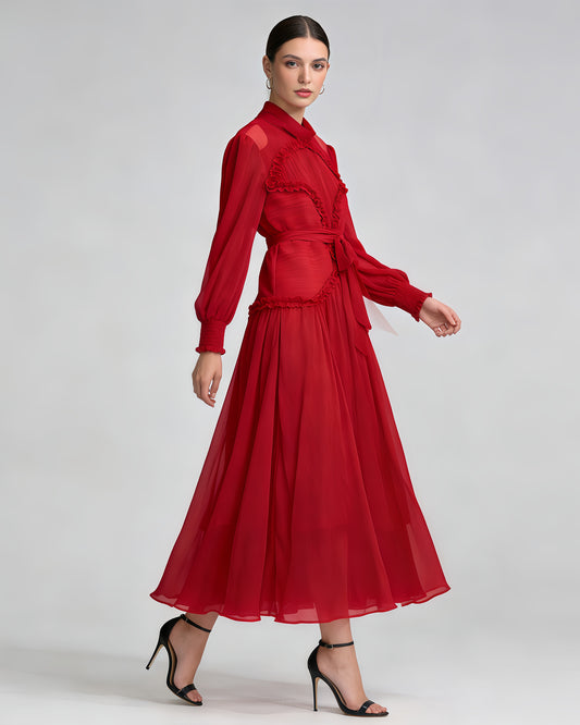 Red Ruffled Tie-Waist Maxi Dress