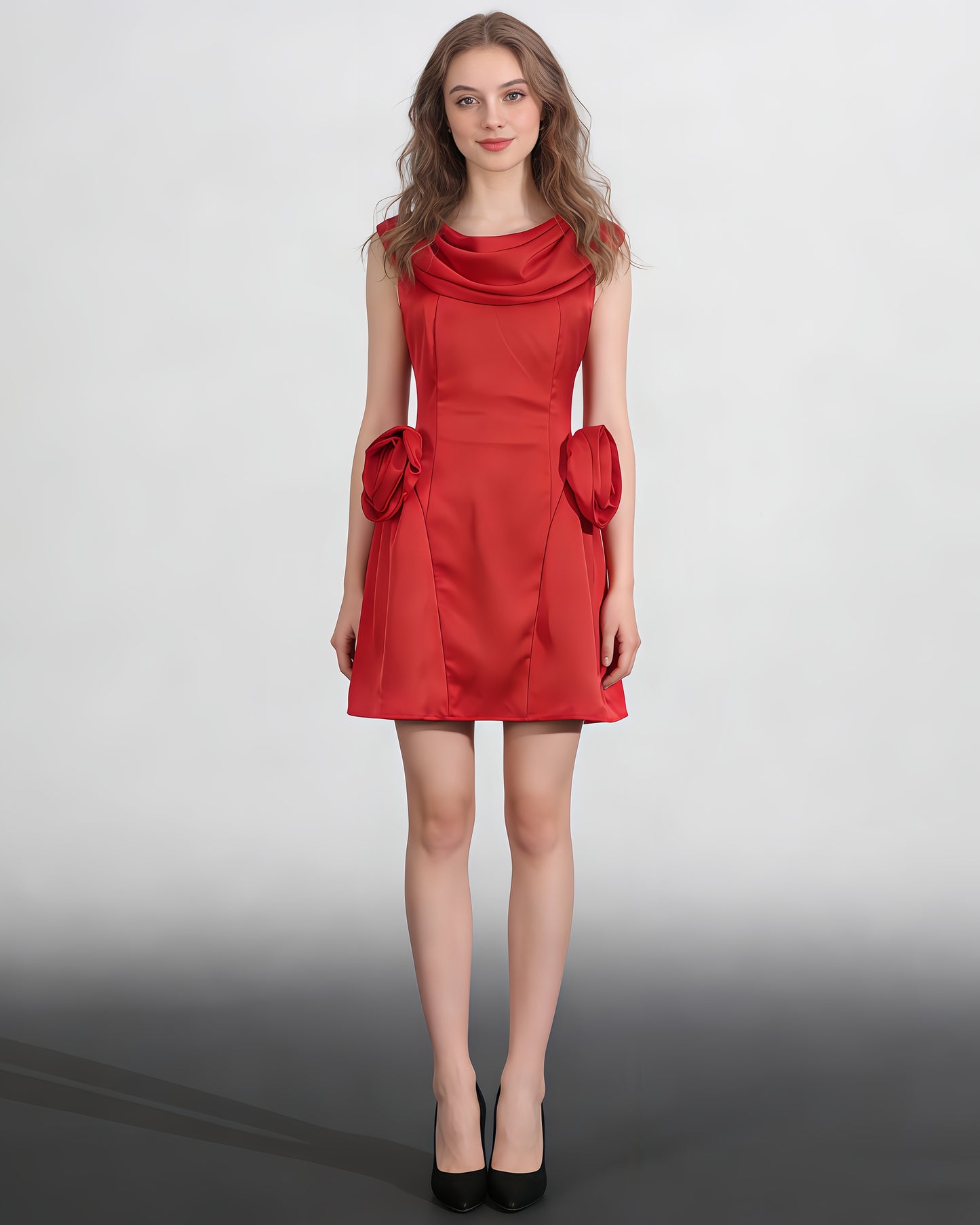 Red Satin 3D Flower Mini Dress