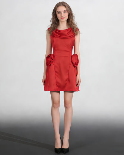 Red Satin 3D Flower Mini Dress