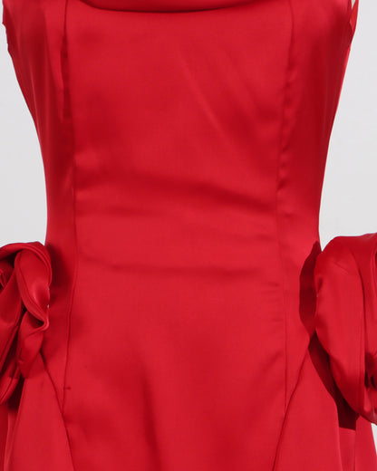 Red Satin 3D Flower Mini Dress