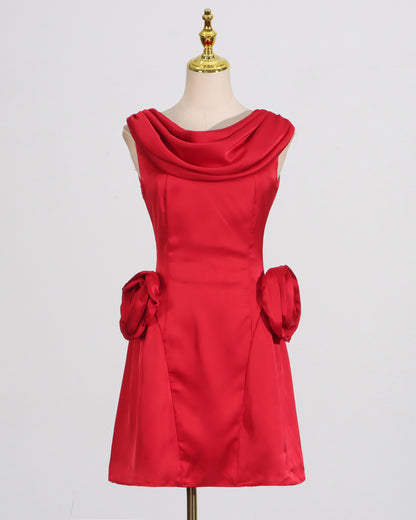 Red Satin 3D Flower Mini Dress