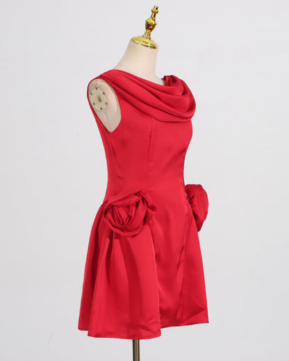 Red Satin 3D Flower Mini Dress