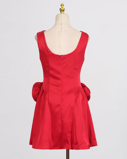 Red Satin 3D Flower Mini Dress