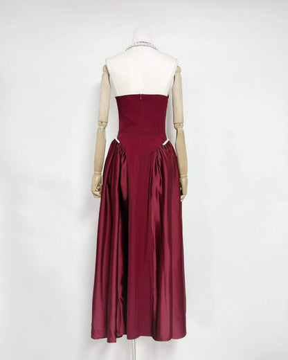 Winered Satin Halter Midi Dress with Pearl Detail