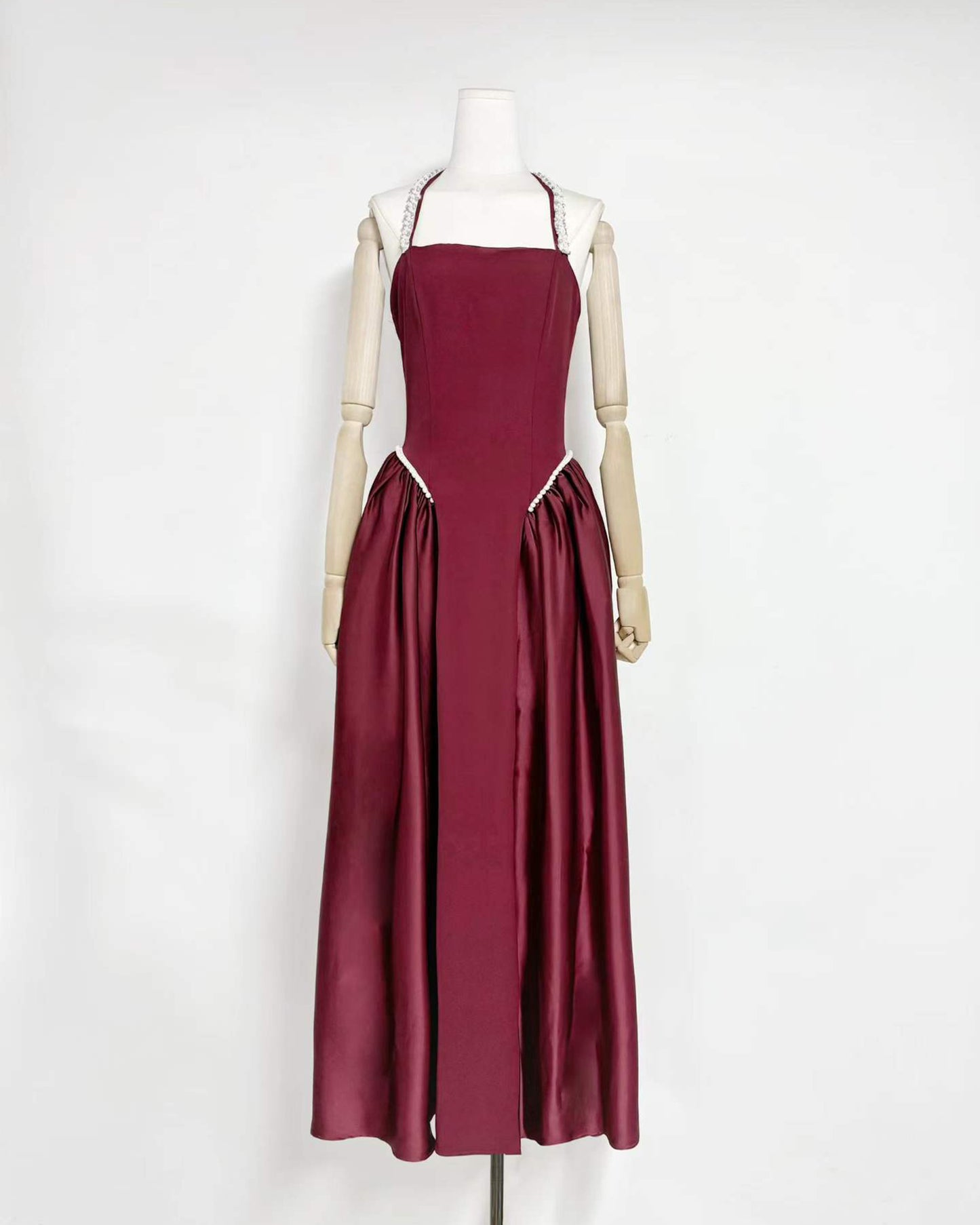 Winered Satin Halter Midi Dress with Pearl Detail