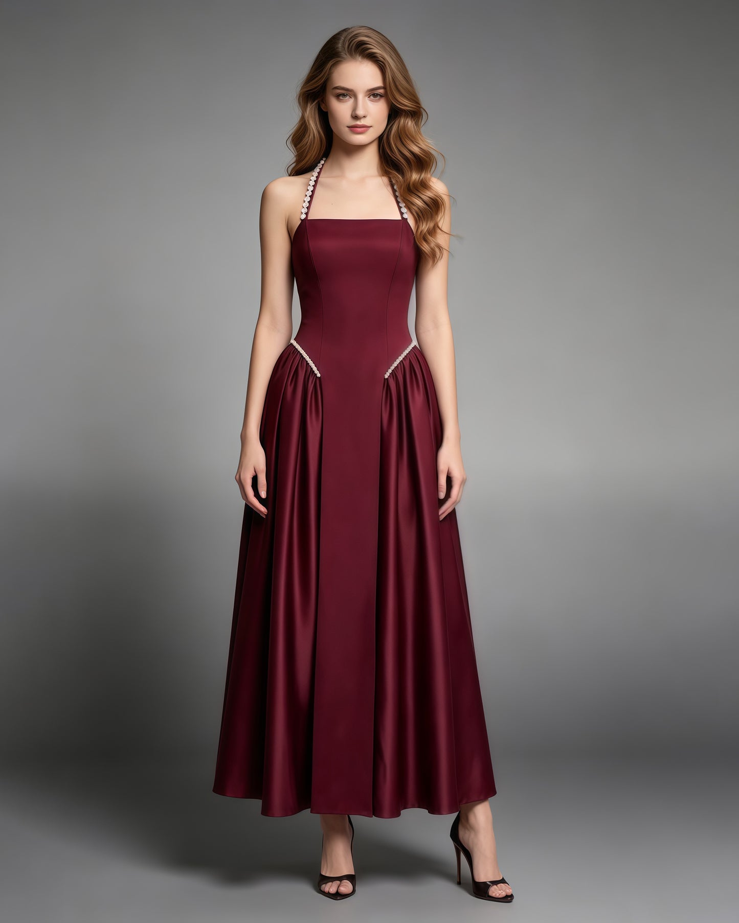 Winered Satin Halter Midi Dress with Pearl Detail