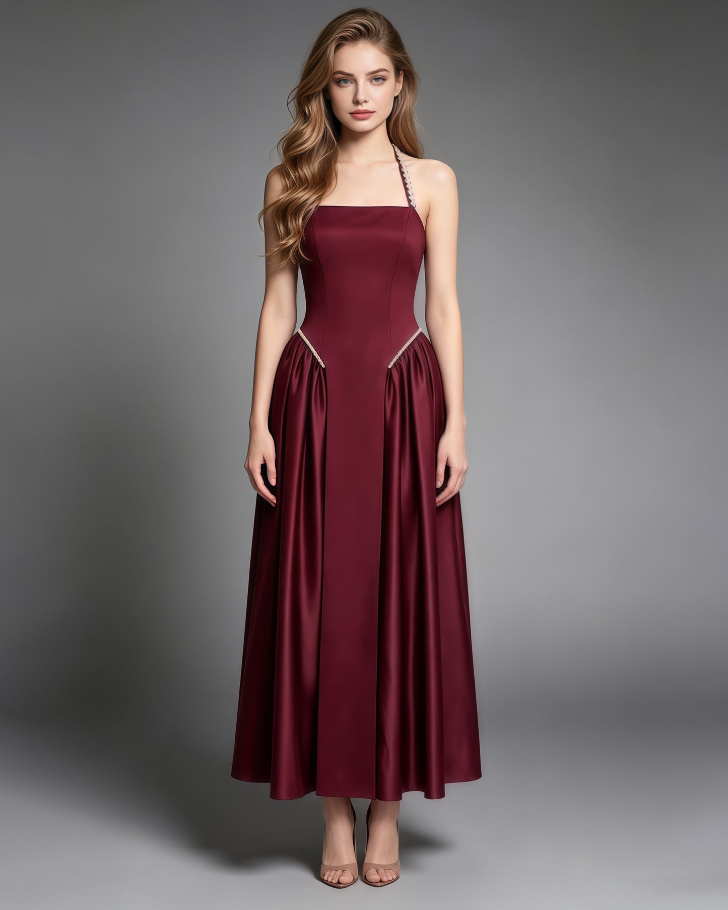 Winered Satin Halter Midi Dress with Pearl Detail