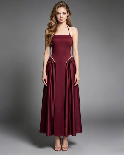 Winered Satin Halter Midi Dress with Pearl Detail