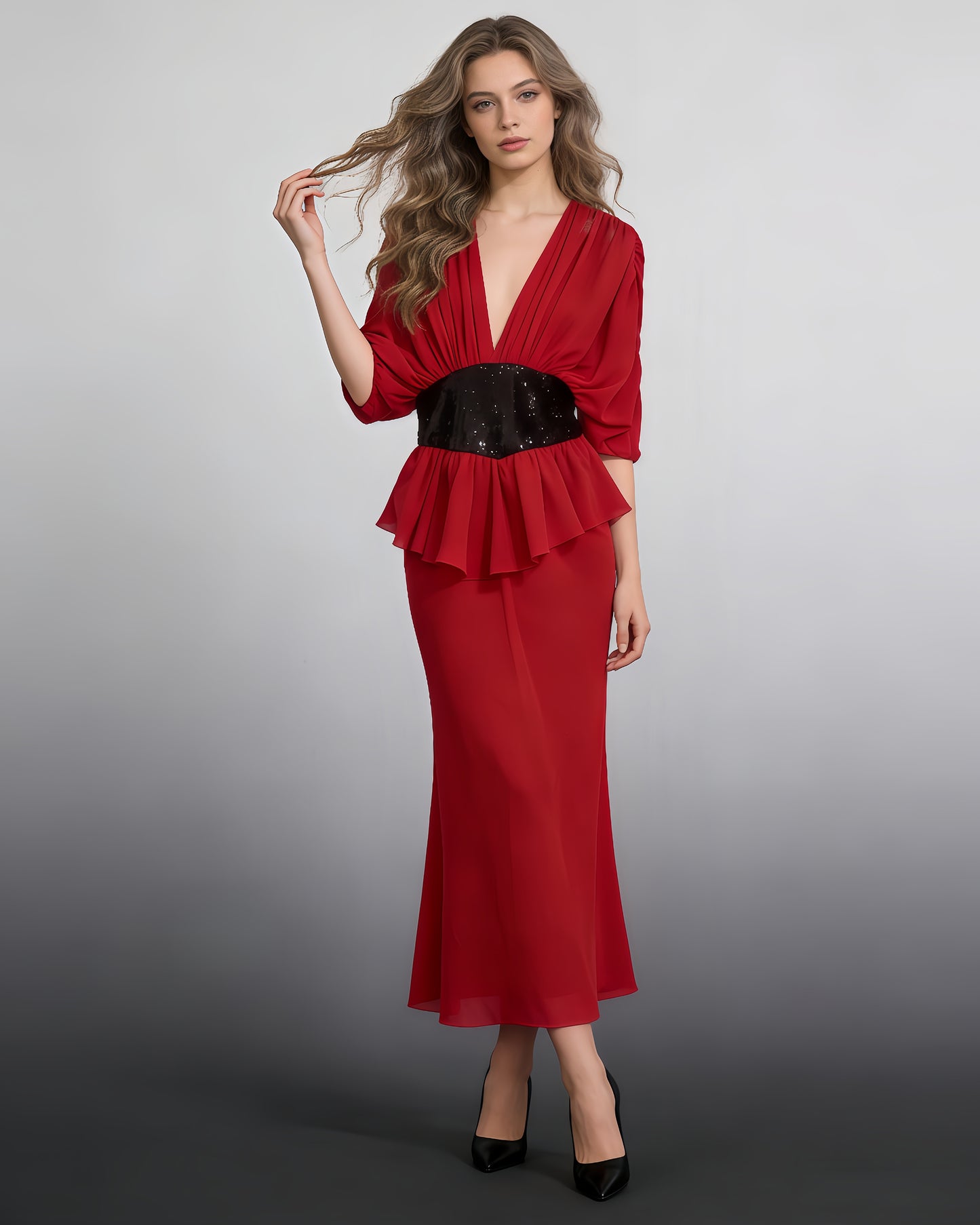 Red Sequin Waist Mermaid Evening Gown