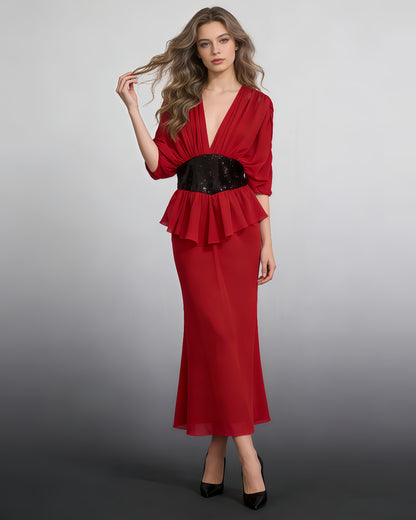 Red Sequin Waist Mermaid Evening Gown