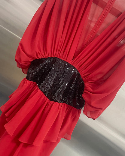 Red Sequin Waist Mermaid Evening Gown