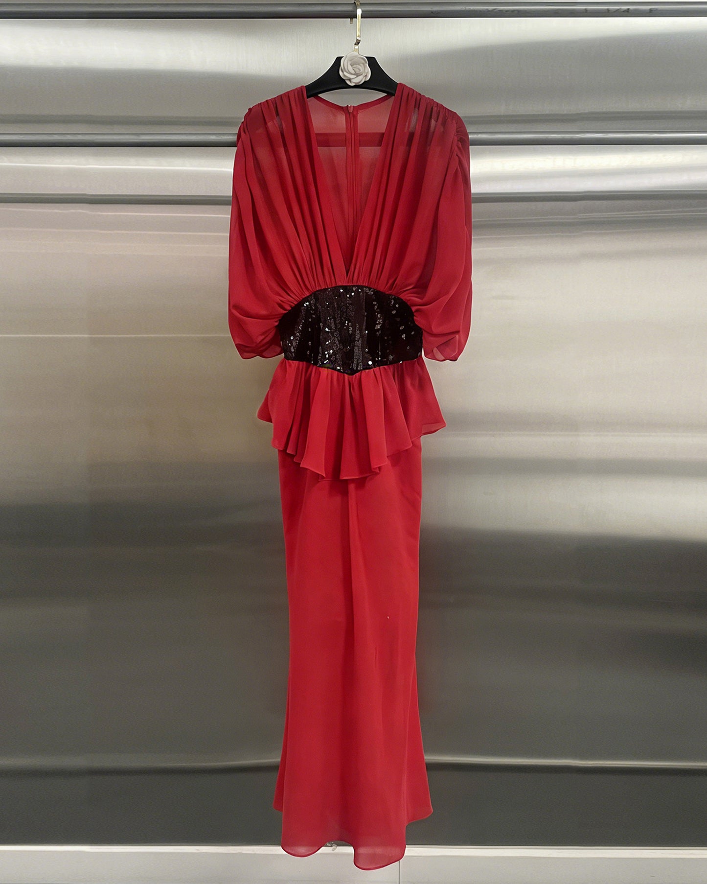 Red Sequin Waist Mermaid Evening Gown