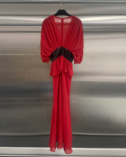 Red Sequin Waist Mermaid Evening Gown