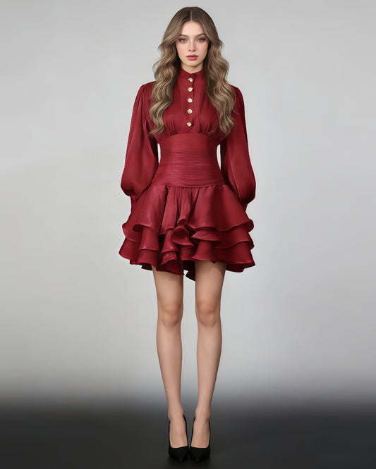 Red Shimmer Puff Sleeve Ruffled Mini Dress