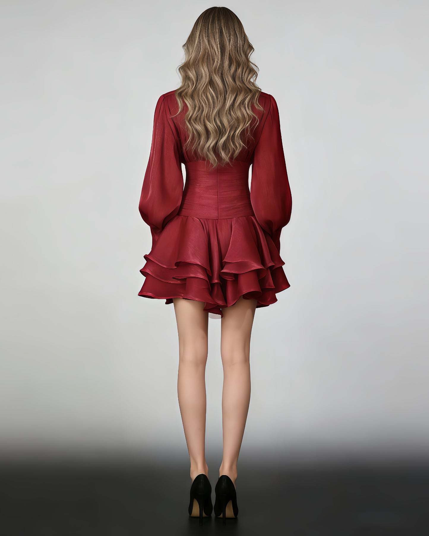 Red Shimmer Puff Sleeve Ruffled Mini Dress