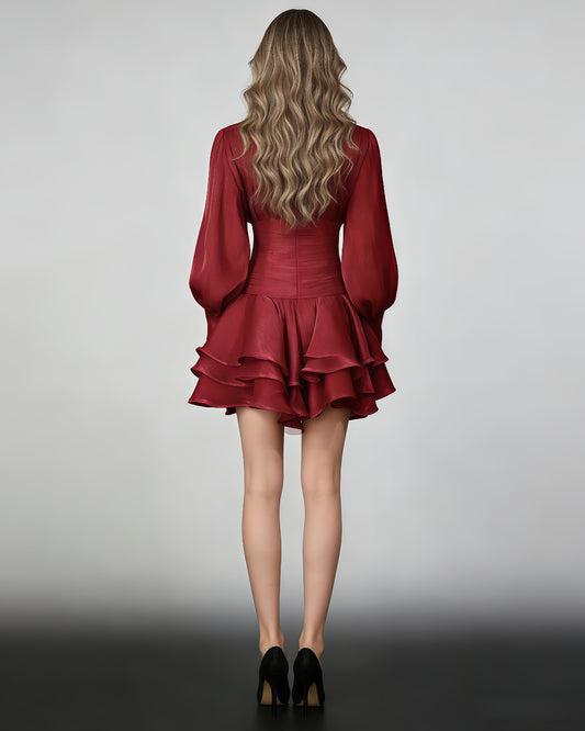 Red Shimmer Puff Sleeve Ruffled Mini Dress